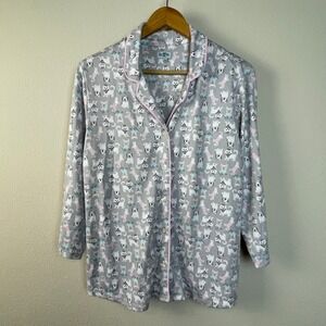BH PJs BeadHead Womens Pajama Set  Gray White Dog Cat Print Size L Button Up